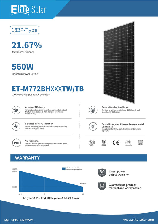 ET-M772BH540TW/TB Elite Solar 546W Monocrystalline Half-Cell Bifacial Solar Panel Lakehead Inkjet & Toner