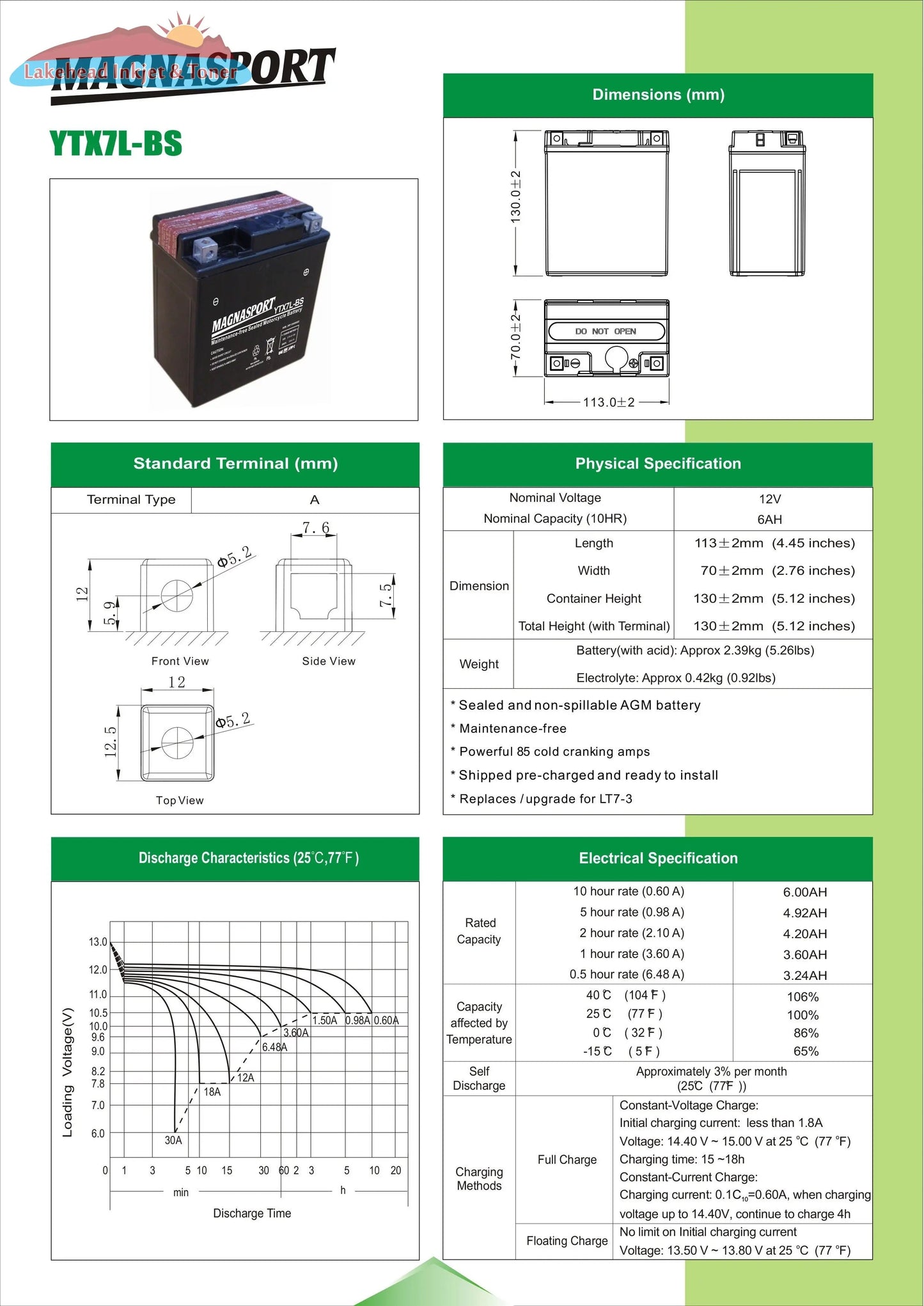 Magnasport YTX7L-BS Lakehead Inkjet & Toner