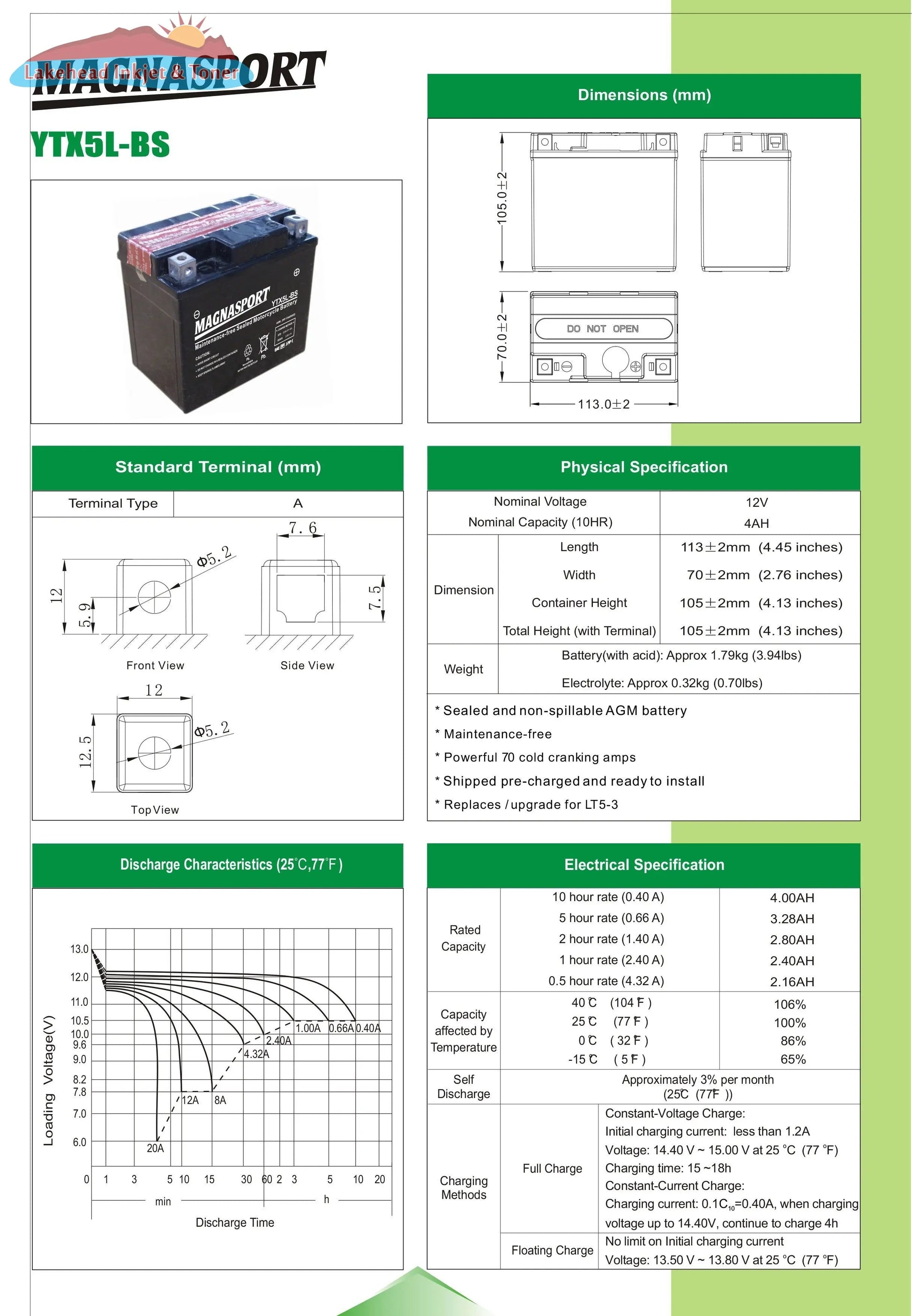 Magnasport YTX5L-BS Lakehead Inkjet & Toner